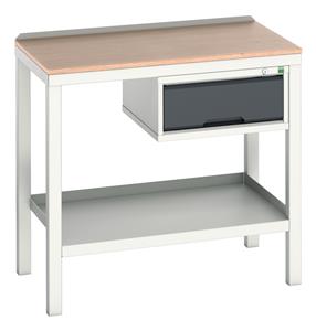 verso welded bench with 1 drawer cab & mpx top. WxDxH: 1000x600x930mm. RAL 7035/5010 or selected Verso Welded Work Benches for production areas